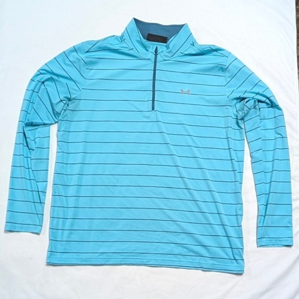 Under Armour Mens 2XL Blue Striped Loose Fit Quarter Zip Pullover Long Sleeve